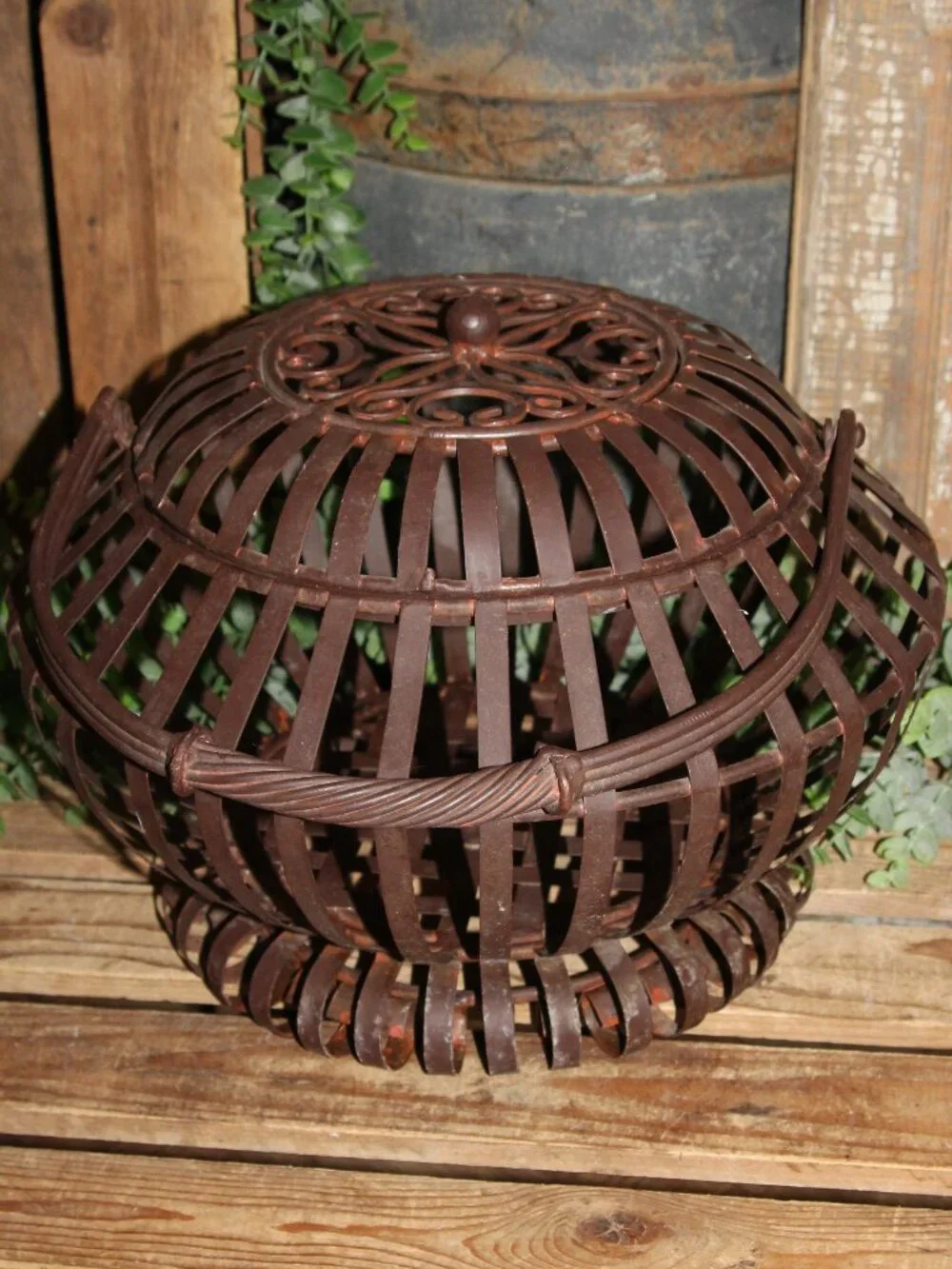 Large HEAVY Vintage Metal & Wrought Iron French Country Lidded Basket